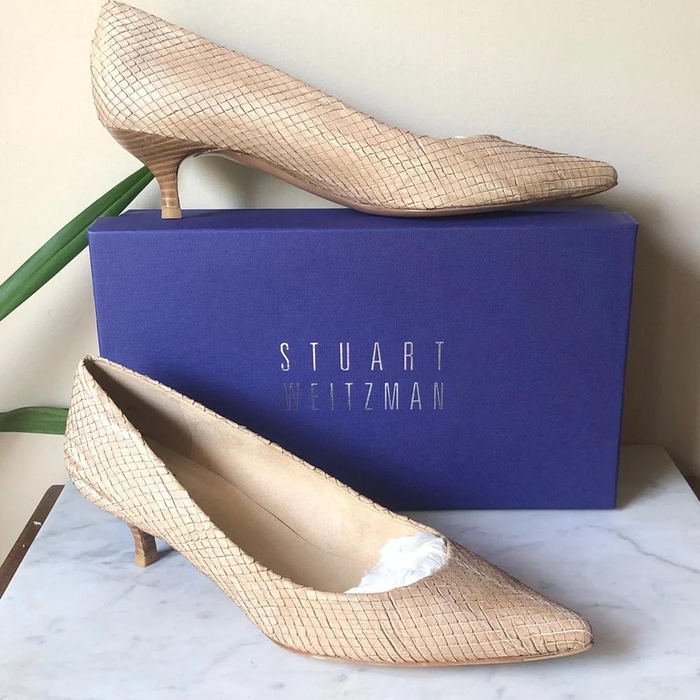 Stuart Weitzman Tan Wood Snake Pointed-Toe Kitten Heels